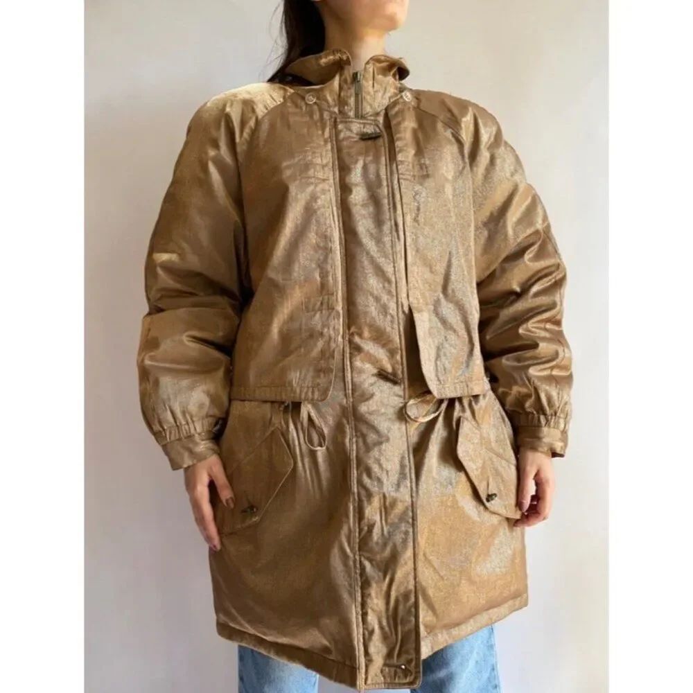 VTG Innovations Women's Gold Metallic Shimmer Puffer Coat Jacket Parka Size S